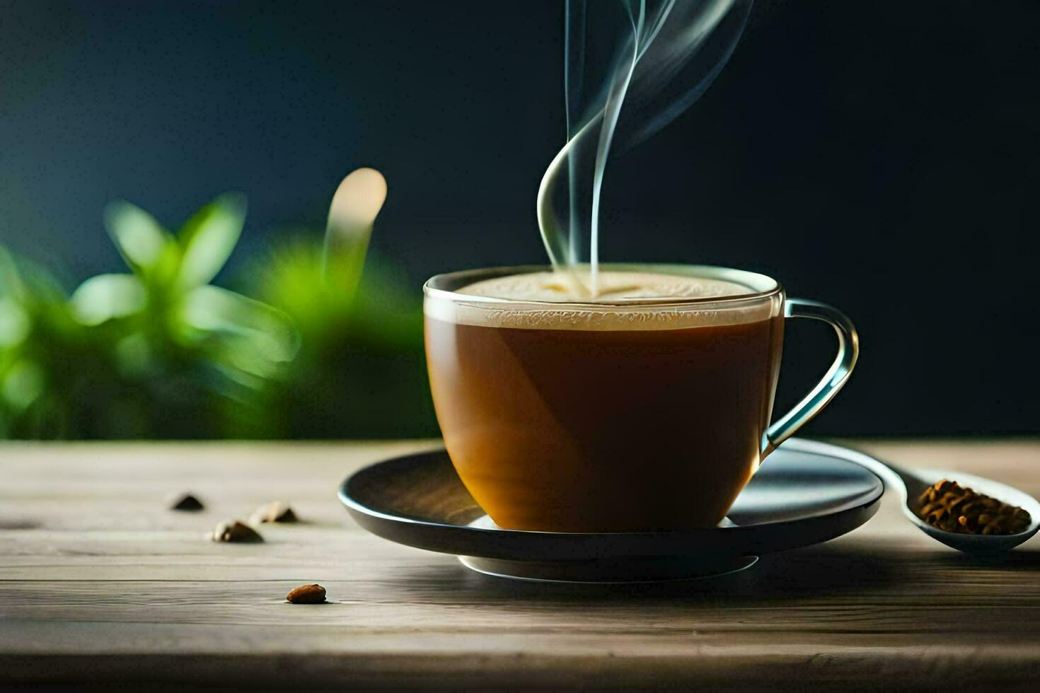 a cup of coffee with a steaming cup of coffee on a wooden table. AI-Generated photo