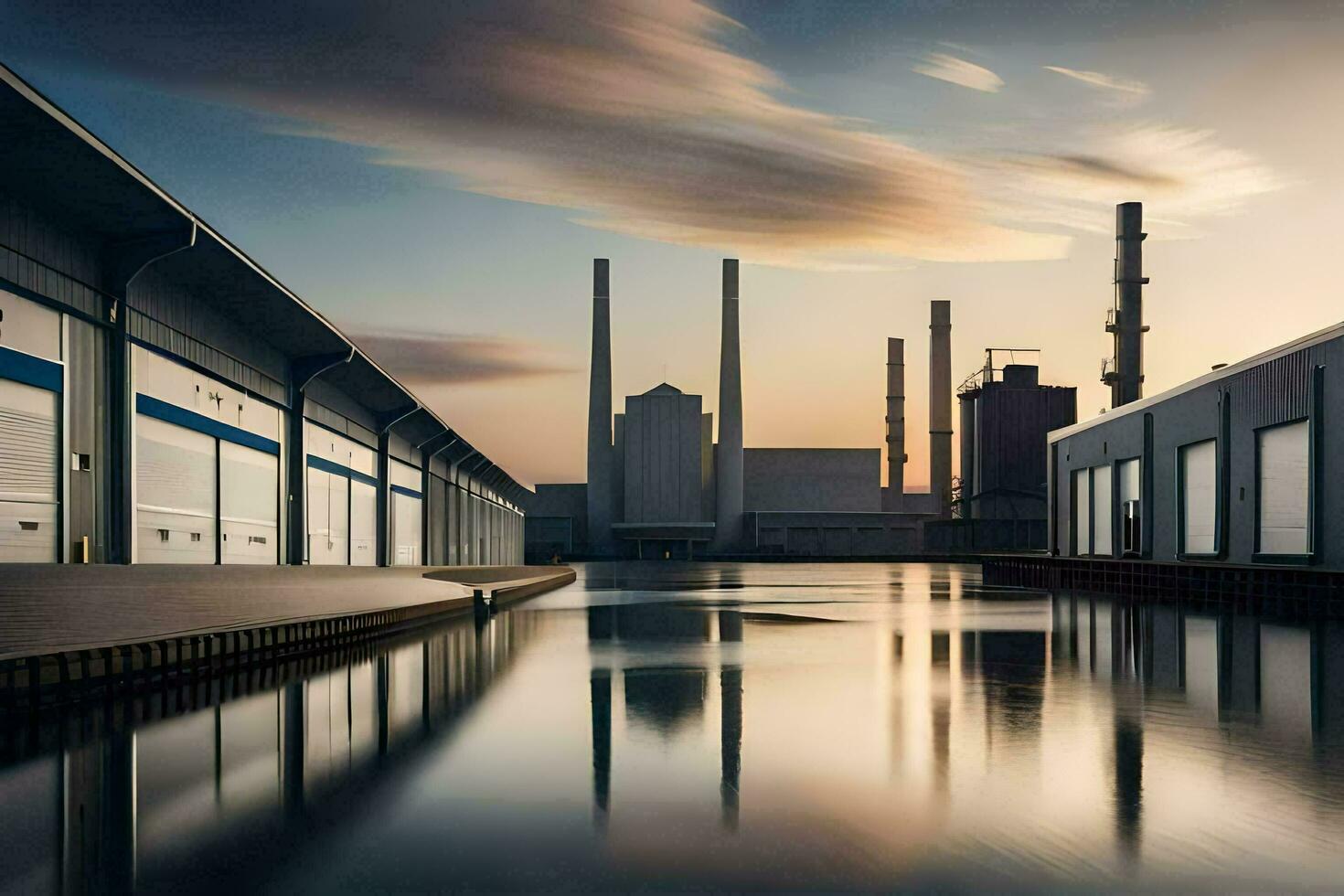 a factory with water and a sky in the background. AI-Generated photo