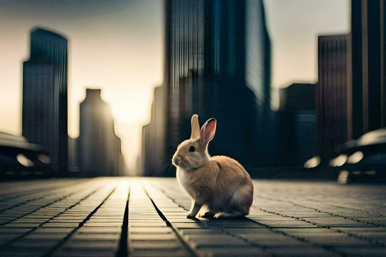 a rabbit is sitting on the ground in front of a city. AI-Generated photo