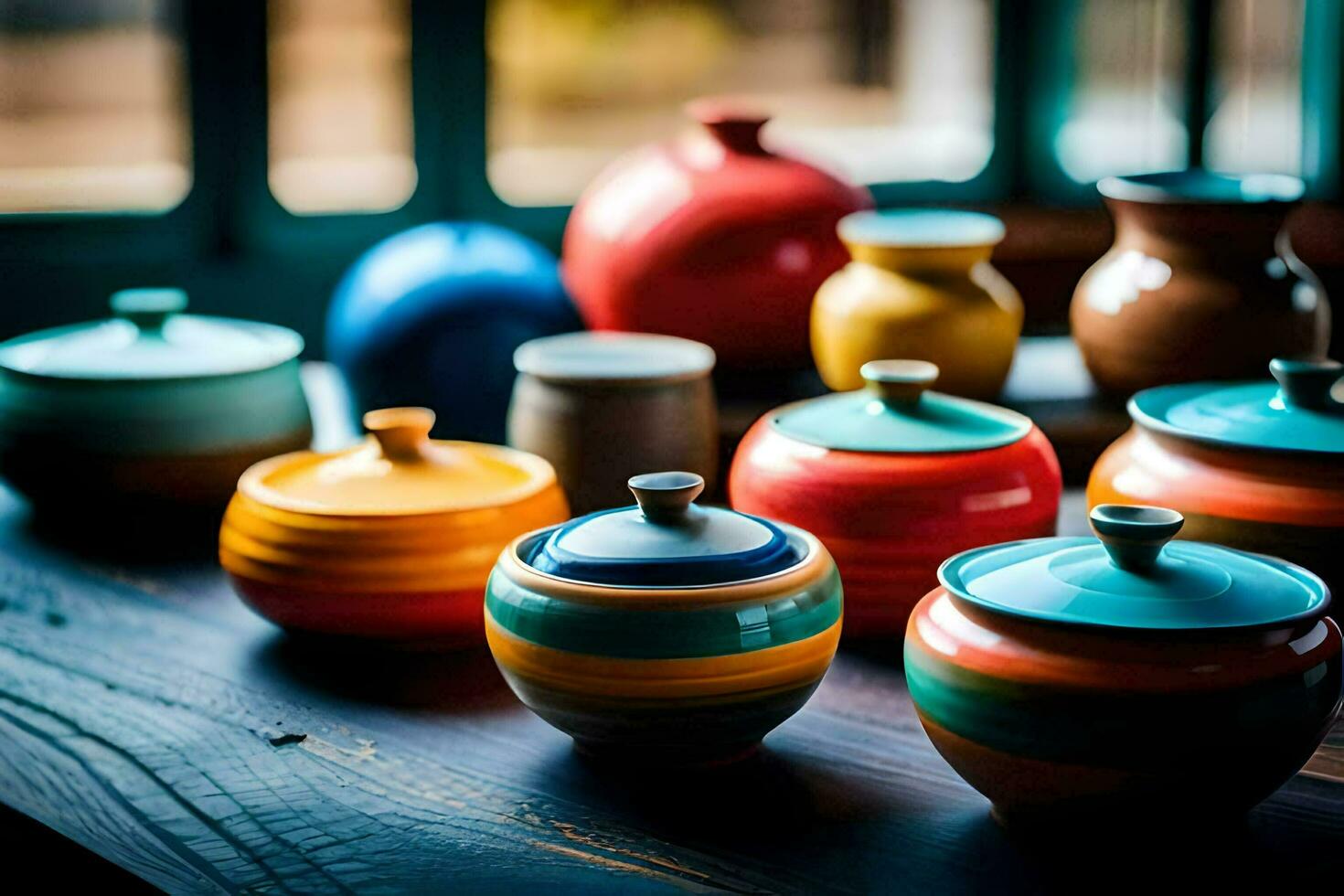 colorful ceramic pots on a table. AI-Generated photo