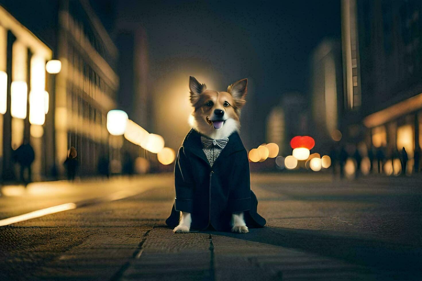 a dog in a suit and tie sitting on the street at night. AI-Generated photo