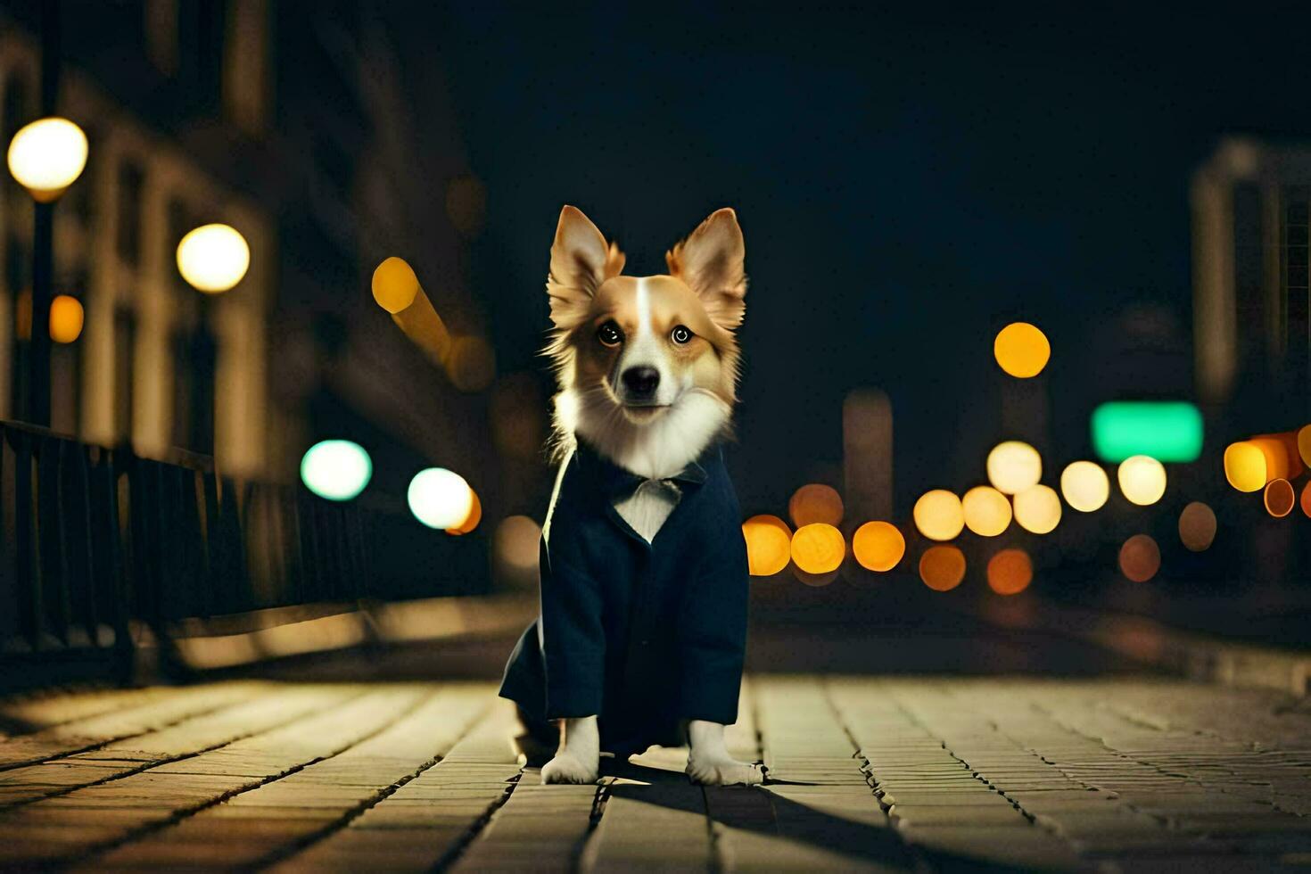 a dog in a suit standing on a street at night. AI-Generated photo