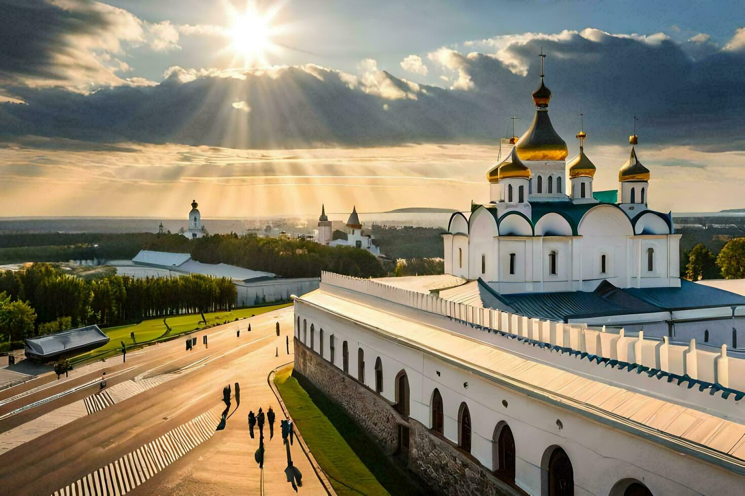 the sun shines over the white church in the background. AI-Generated photo