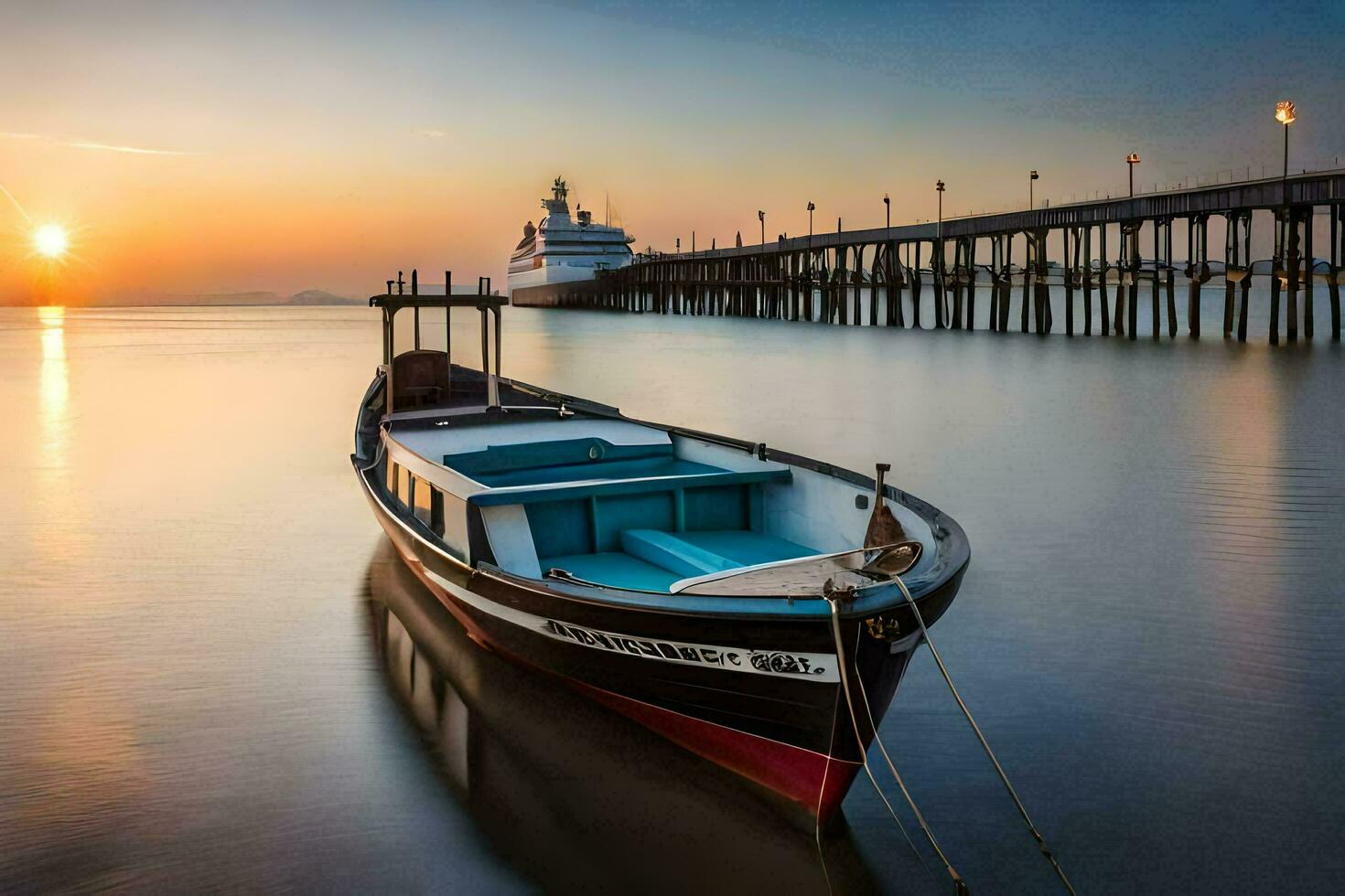 a boat sits on the water at sunset. AI-Generated photo