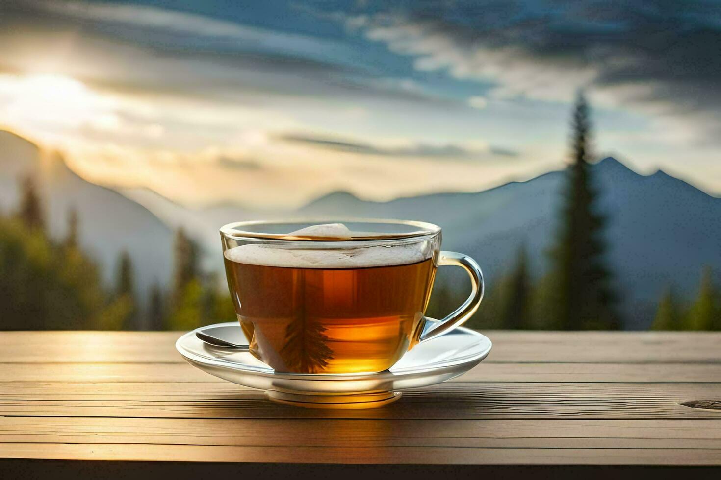 a cup of tea on a table in front of mountains. AI-Generated photo