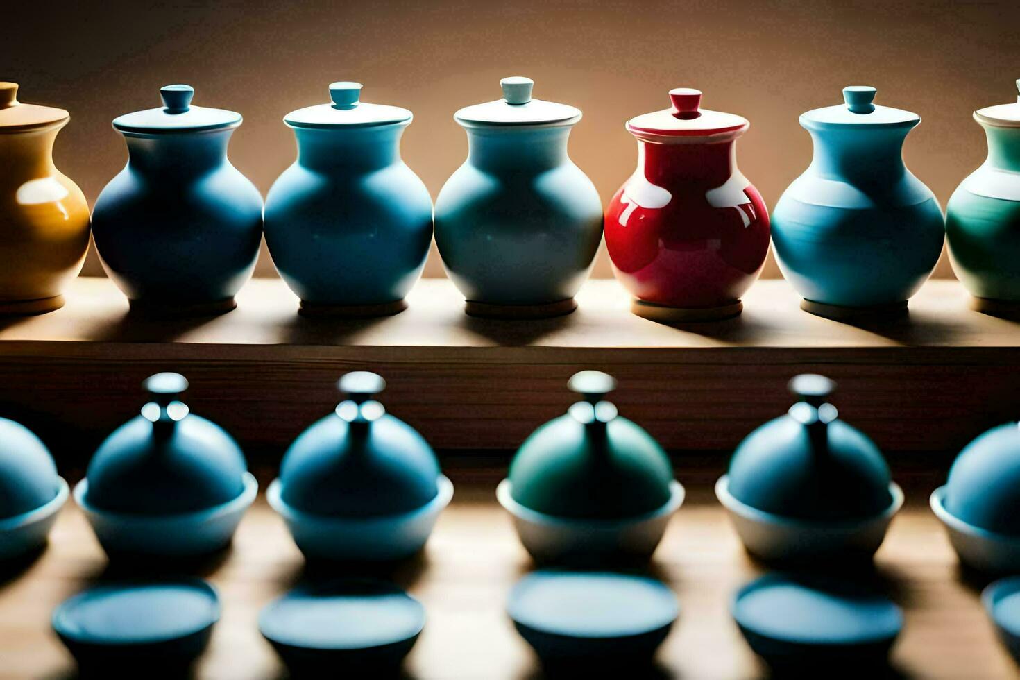 a row of colorful vases on a wooden shelf. AI-Generated photo
