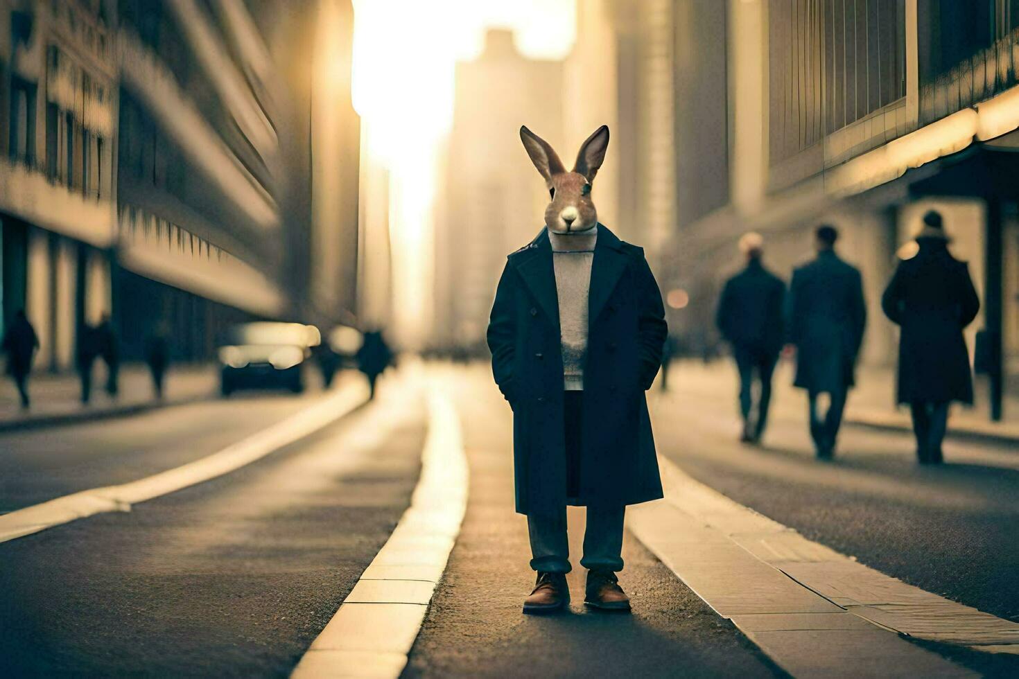 a rabbit wearing a coat and hat stands in the middle of a city street. AI-Generated photo