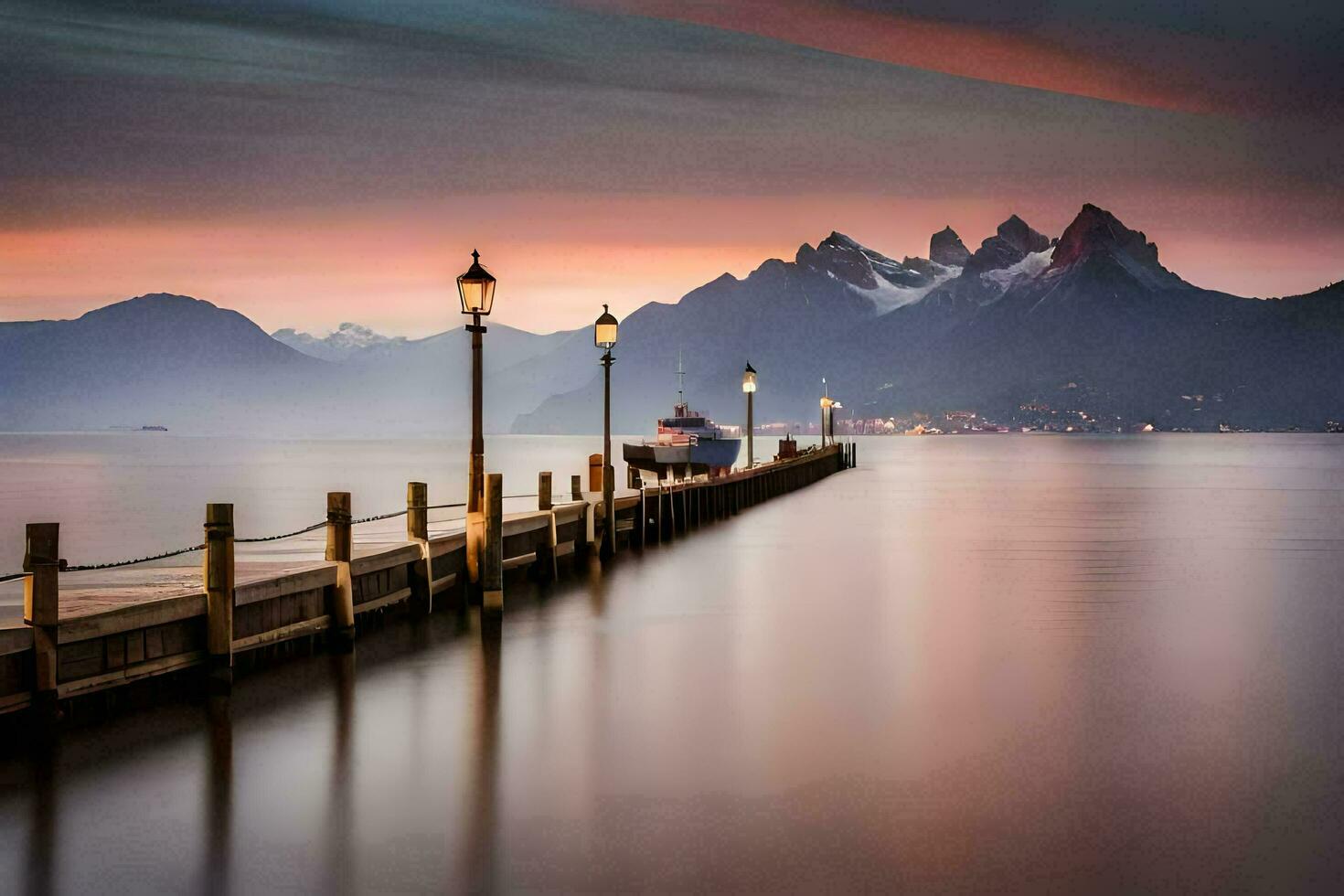 a pier with a light post and mountains in the background. AI-Generated photo