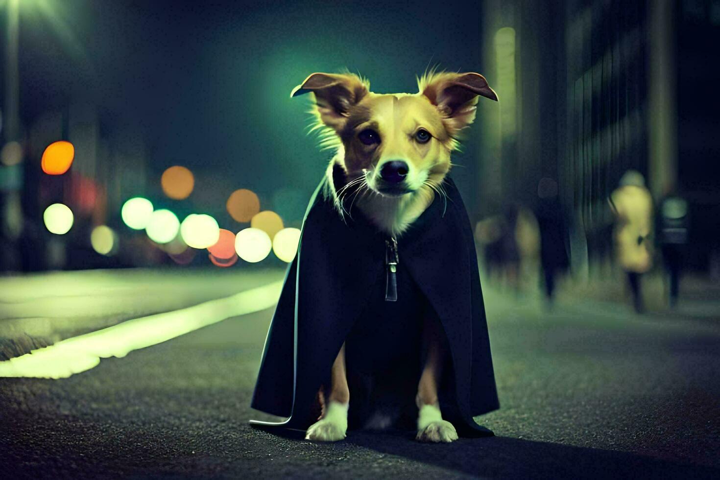 a dog wearing a cape on the street at night. AI-Generated photo