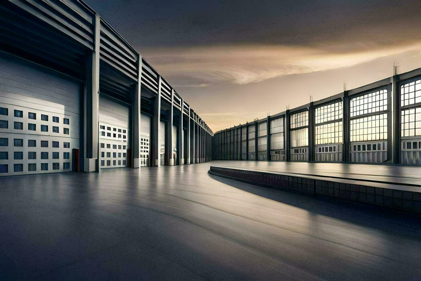 a long exposure photo of a large warehouse. AI-Generated