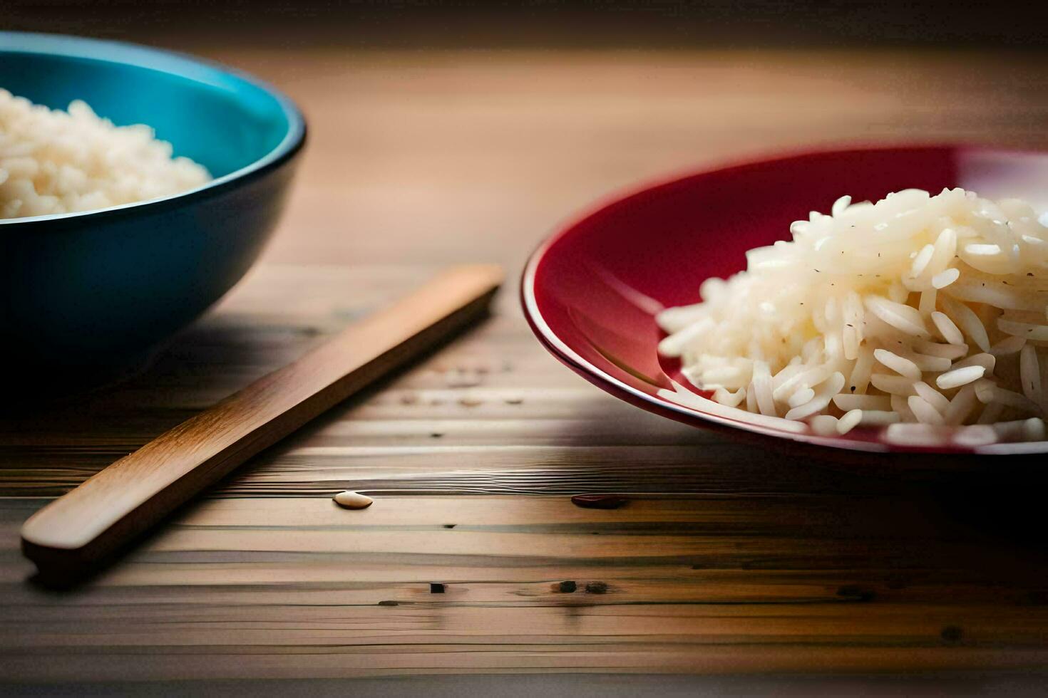 two bowls of rice sit on a wooden table. AI-Generated photo