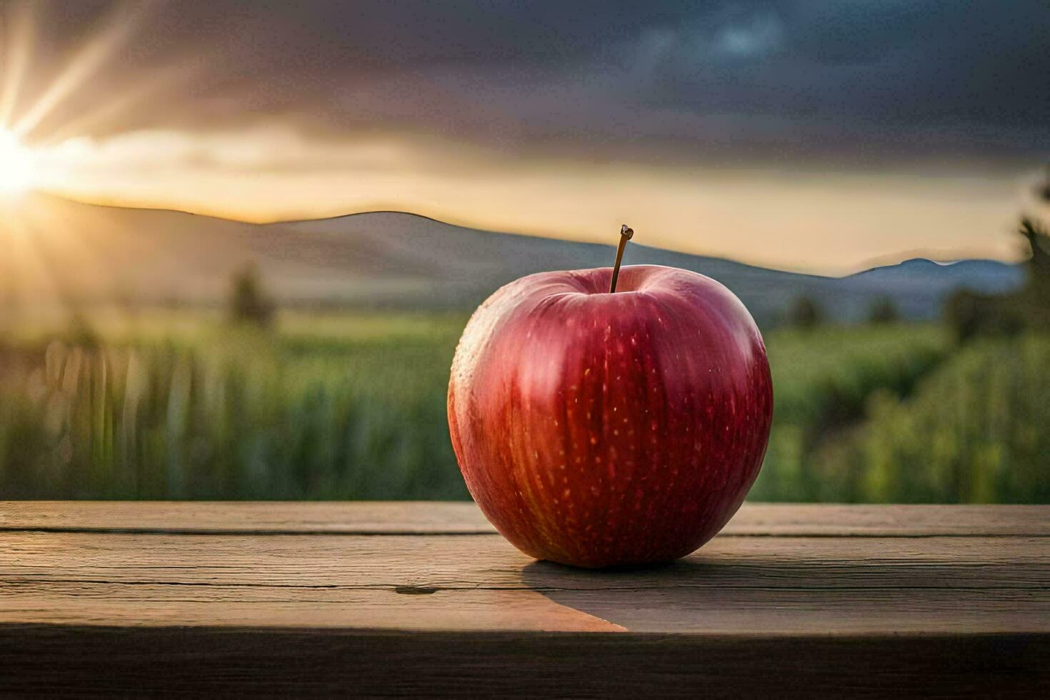 an apple sits on a wooden table in front of a sunset. AI-Generated photo