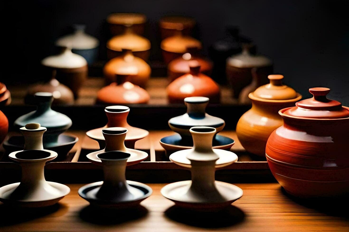 a collection of vases and pots on a table. AI-Generated photo