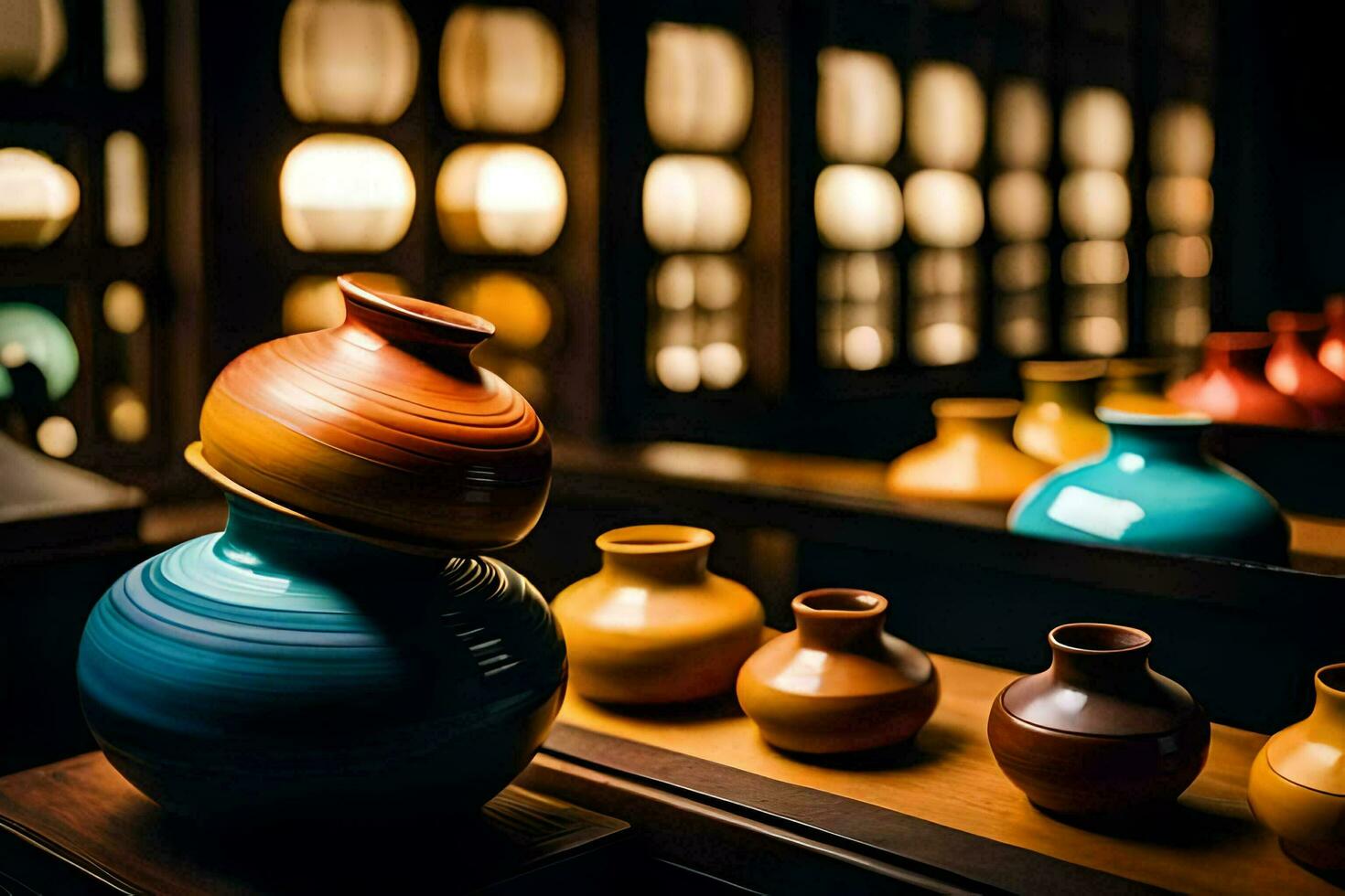 colorful vases are sitting on a table. AI-Generated photo