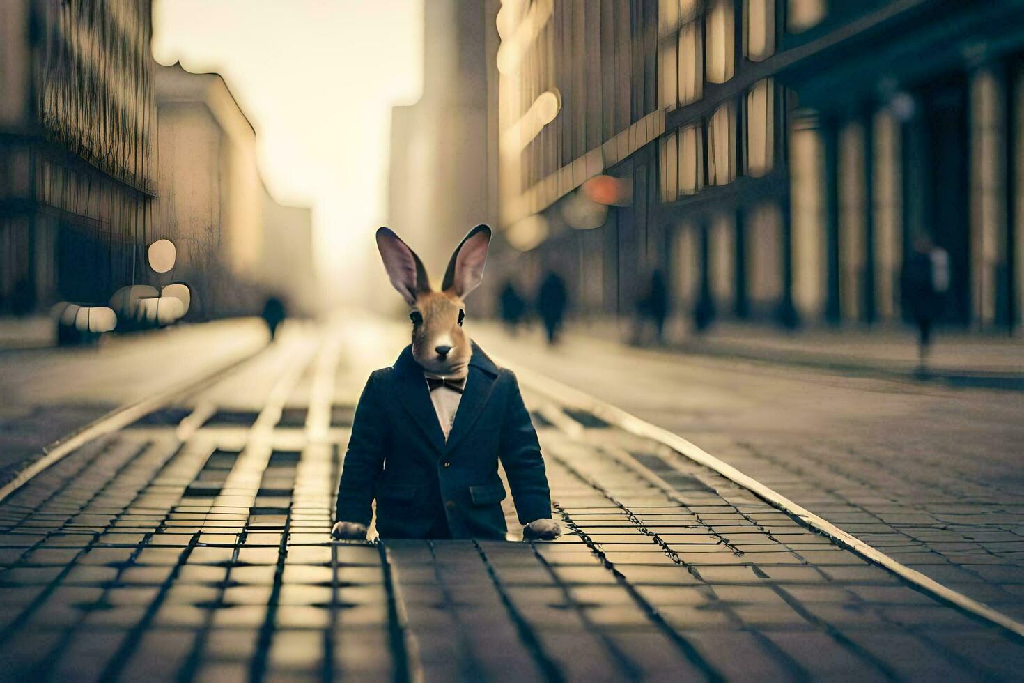 a rabbit wearing a suit and tie standing on a street. AI-Generated photo