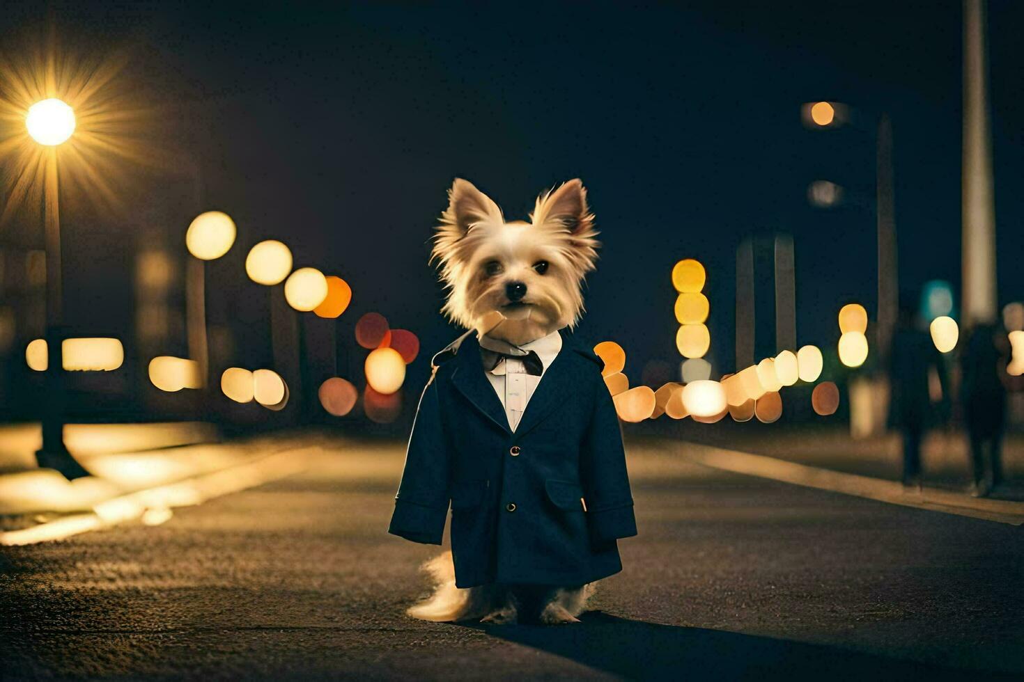 un pequeño perro vestido en un smoking en pie en el calle a noche. generado por ai foto