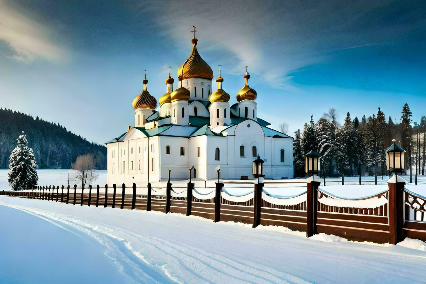 a white church with golden domes in the snow. AI-Generated photo