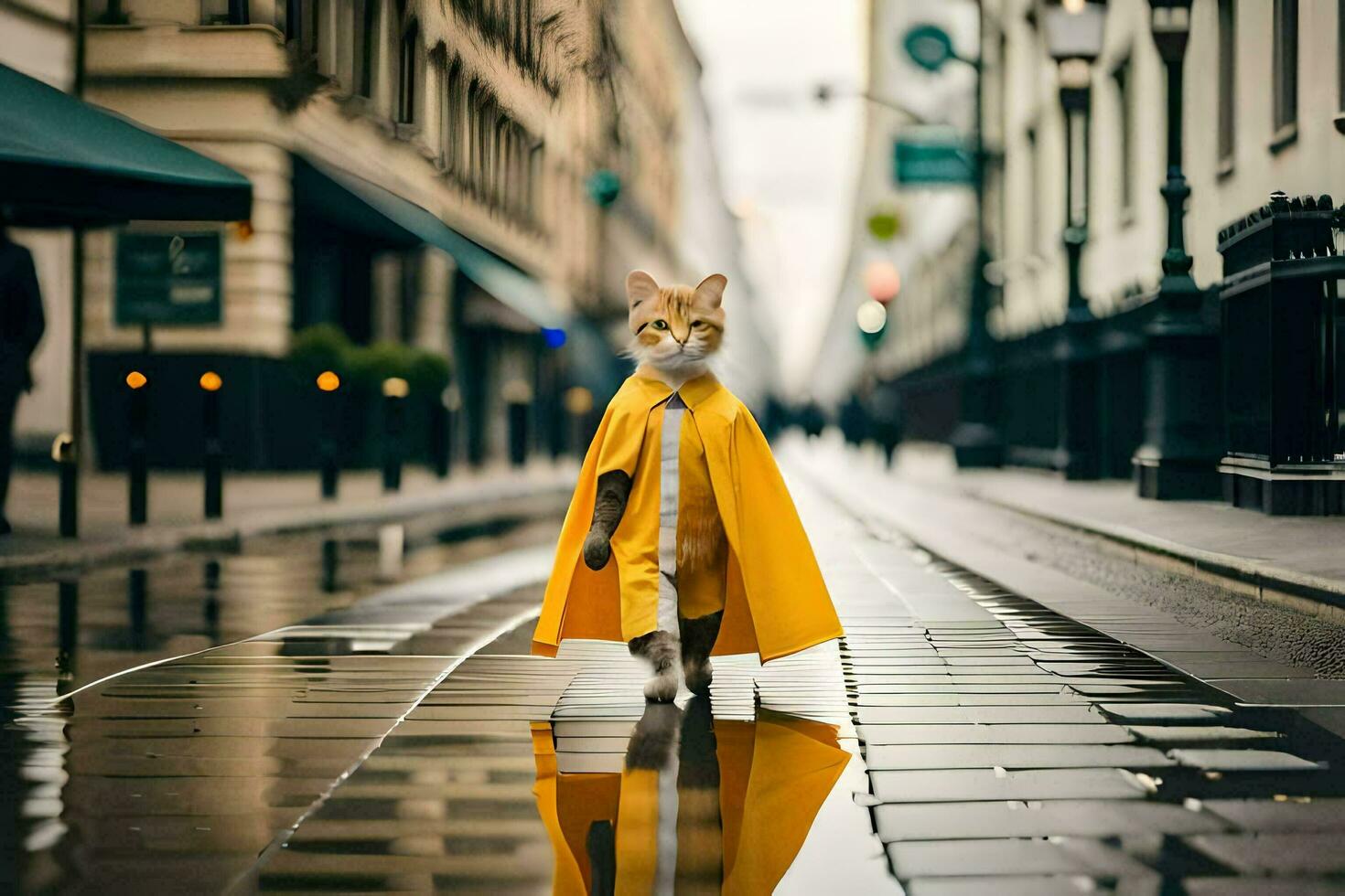 a cat wearing a yellow raincoat walking down a street. AI-Generated photo