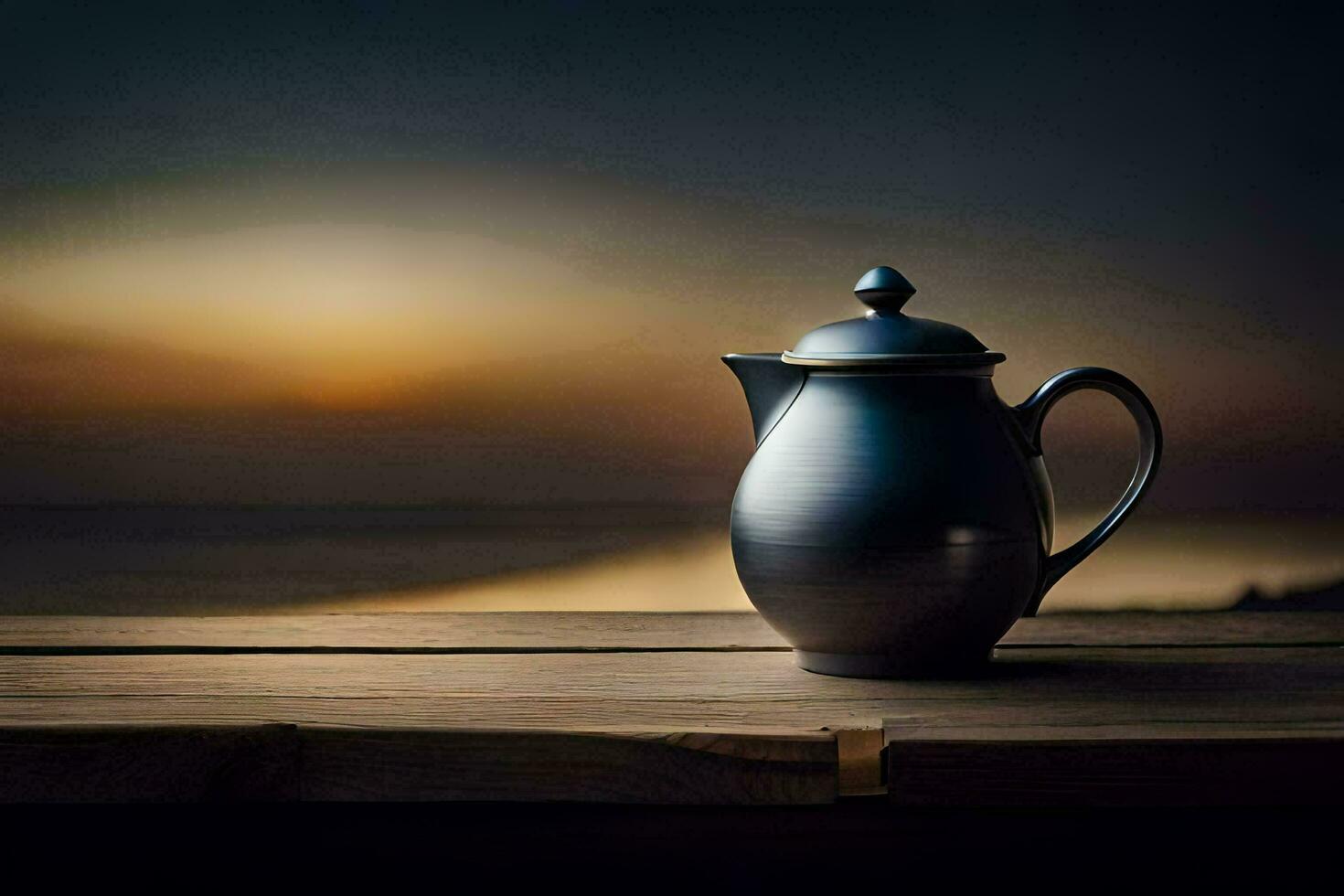 a teapot on a wooden table in front of the ocean. AI-Generated photo