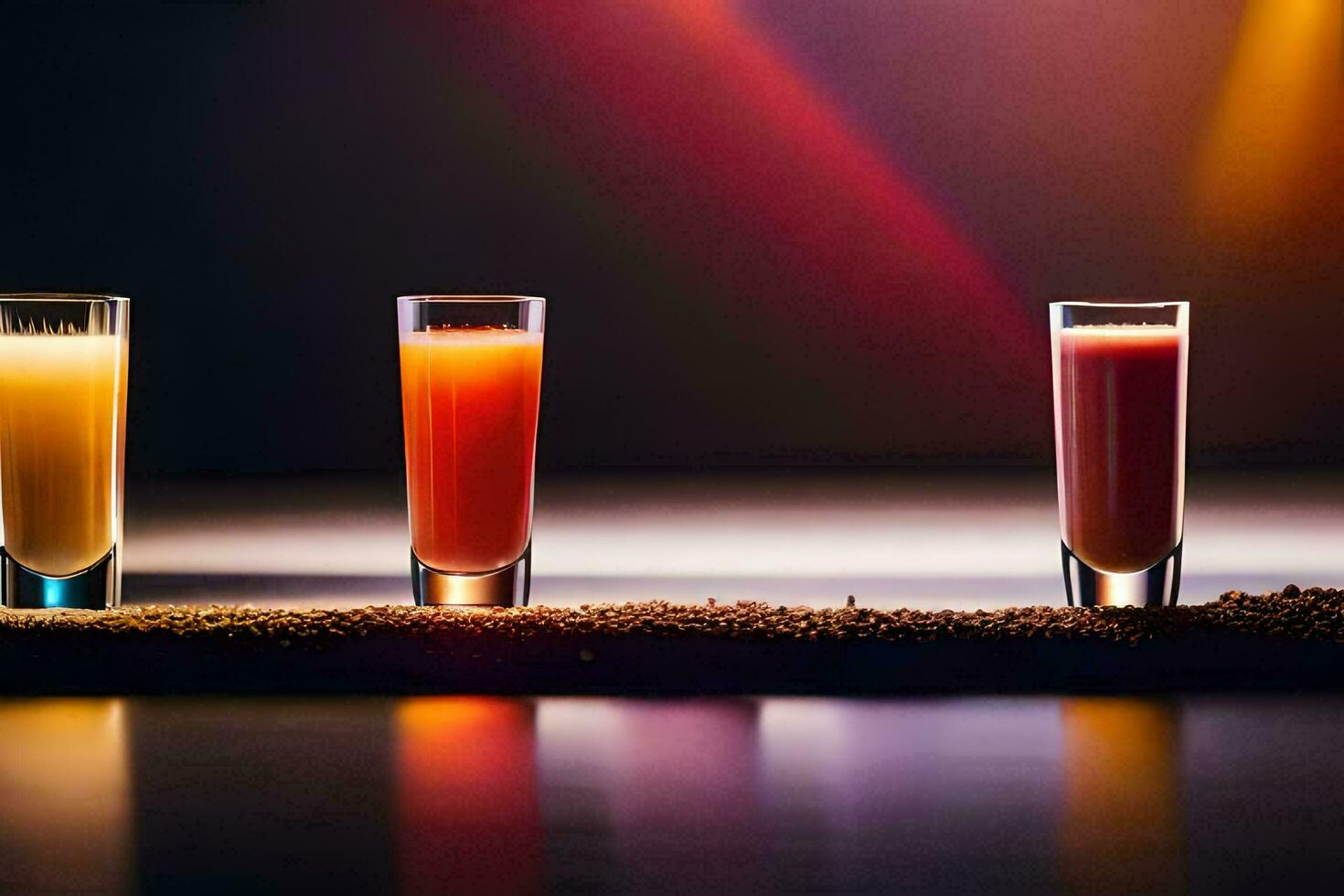 three glasses of juice on a table. AI-Generated photo