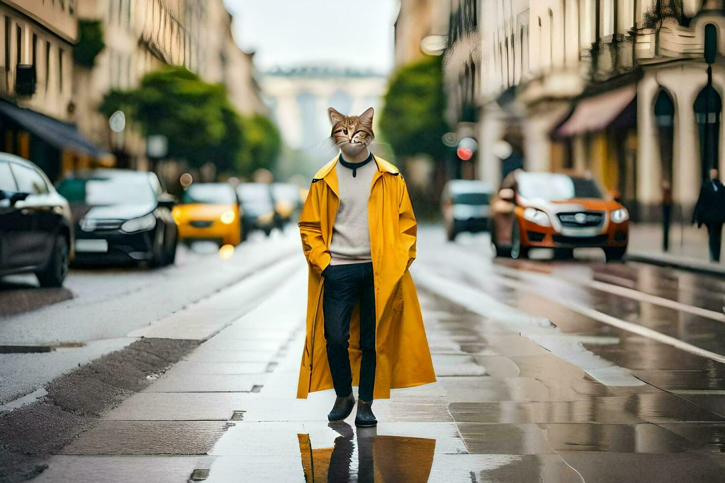 a cat wearing a yellow coat and walking down a street. AI-Generated photo