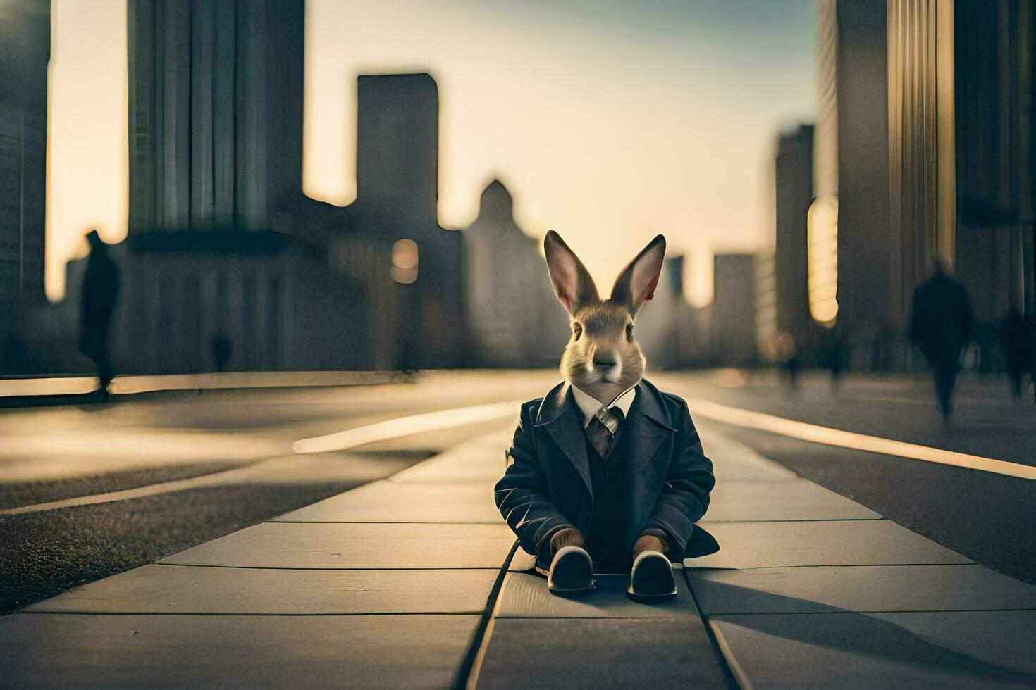 a rabbit in a suit sitting on the ground. AI-Generated photo