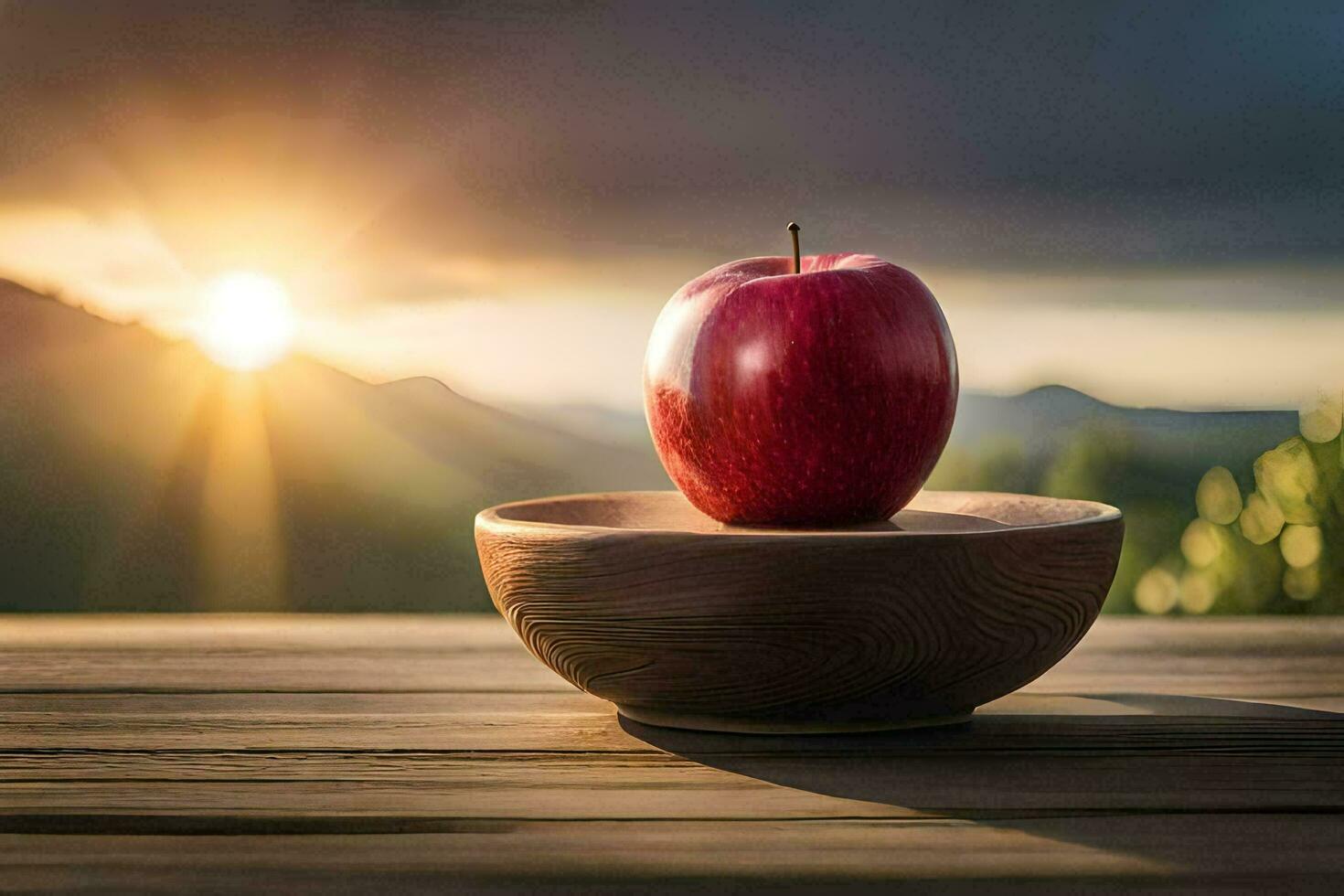 an apple sits on a wooden table in front of a sunset. AI-Generated photo
