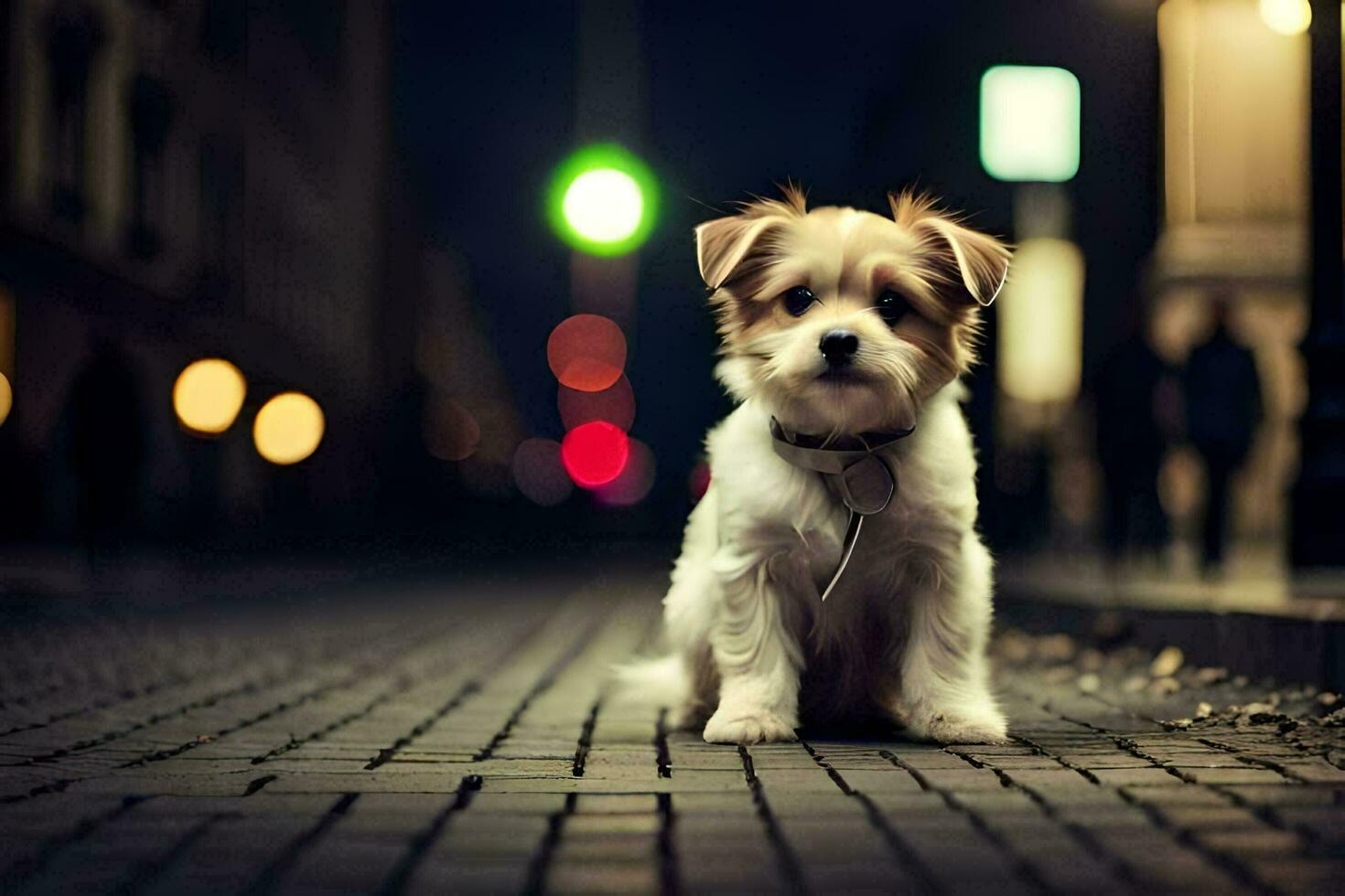 a small dog sitting on the street at night. AI-Generated photo