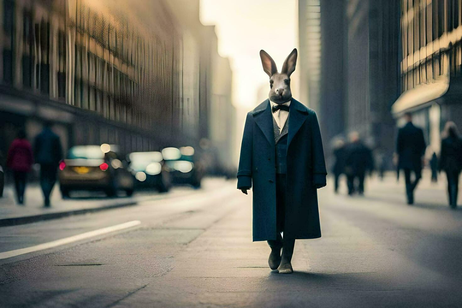 a rabbit wearing a suit and tie walking down a city street. AI-Generated photo