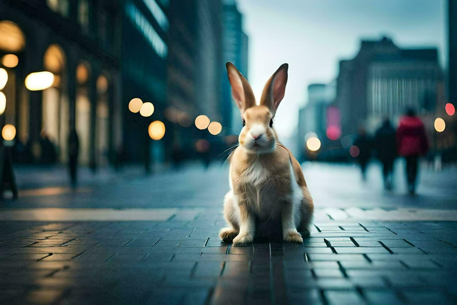 a rabbit sitting on the sidewalk in a city. AI-Generated photo