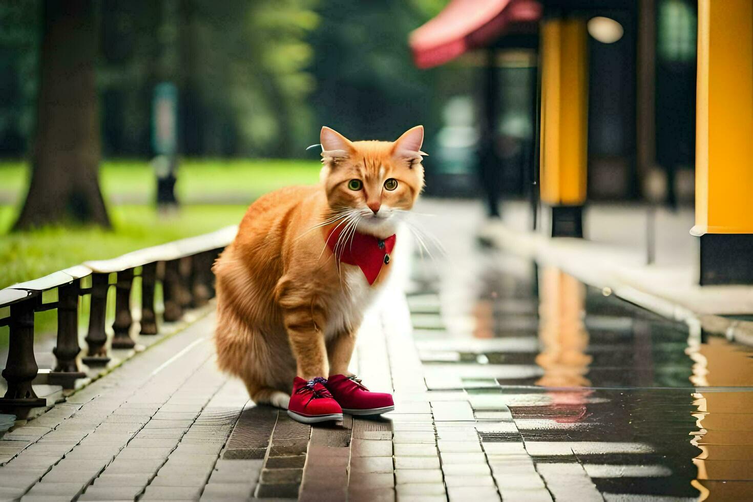 an orange cat with red shoes standing on a wet sidewalk. AI-Generated photo