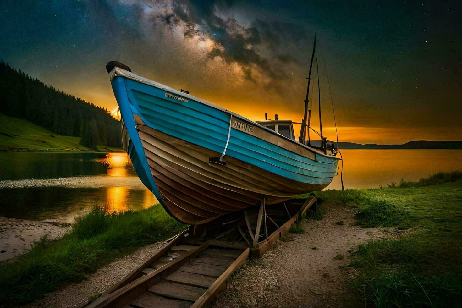 a boat sits on the shore at sunset. AI-Generated photo