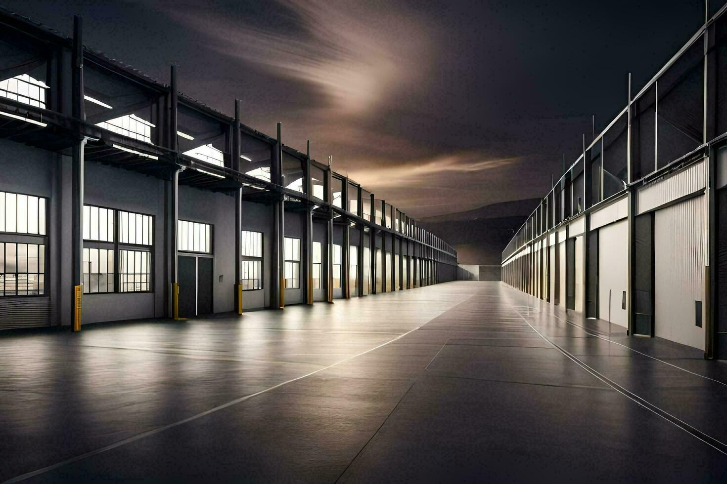 a long empty warehouse with a dark sky. AI-Generated photo