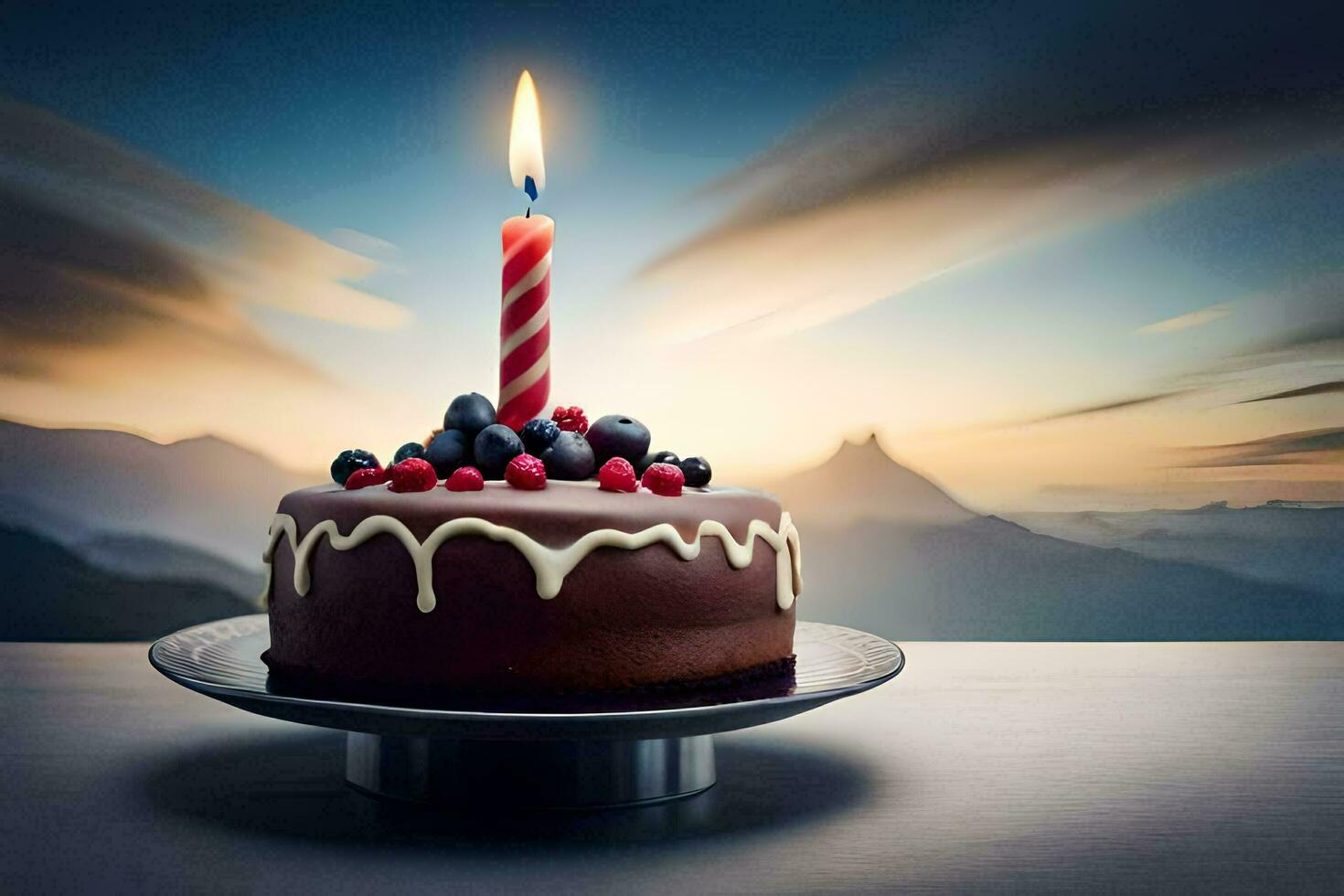 a chocolate cake with a lit candle on top. AI-Generated photo