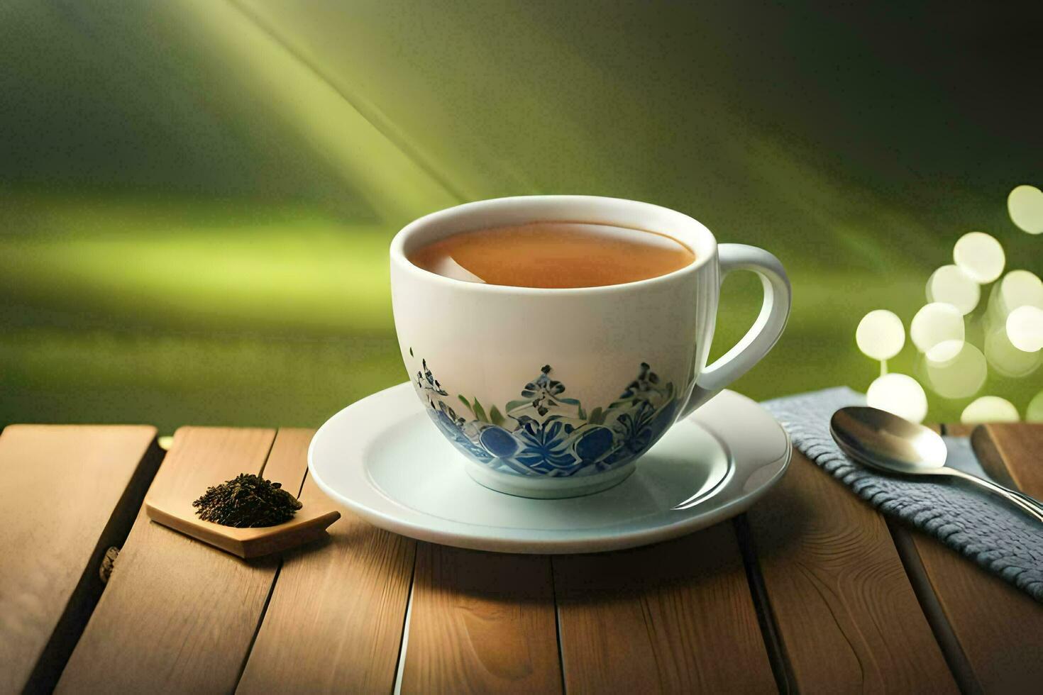 a cup of tea on a wooden table. AI-Generated photo