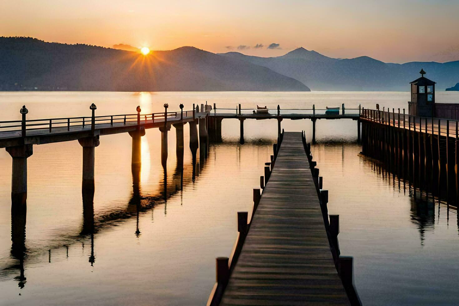 a pier at sunset with mountains in the background. AI-Generated photo