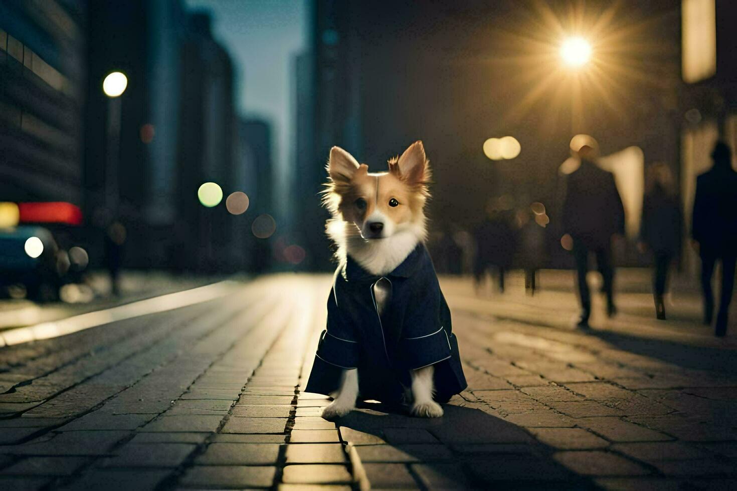 a dog in a suit sitting on the street. AI-Generated photo