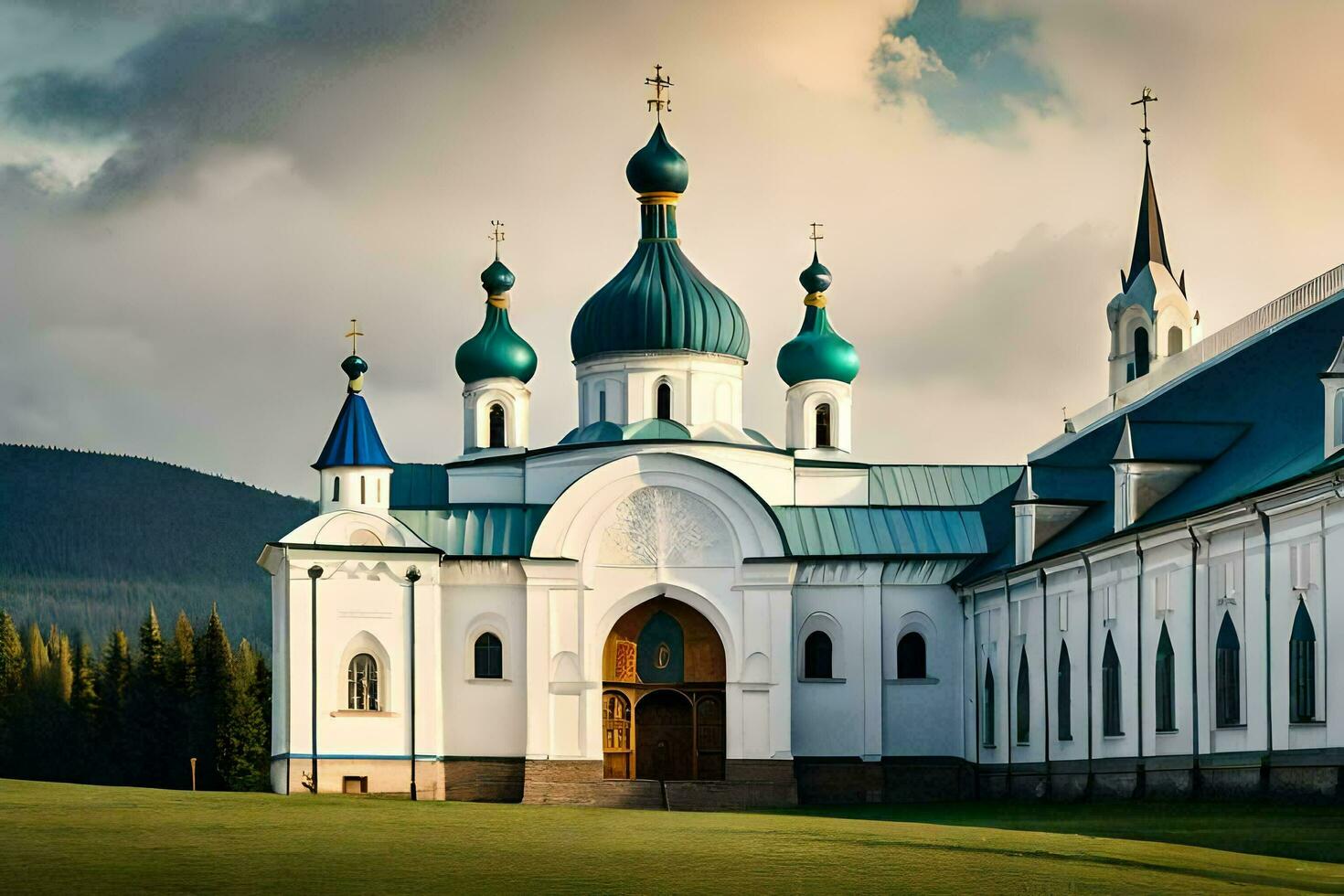 a white church with blue domes and green roofs. AI-Generated photo