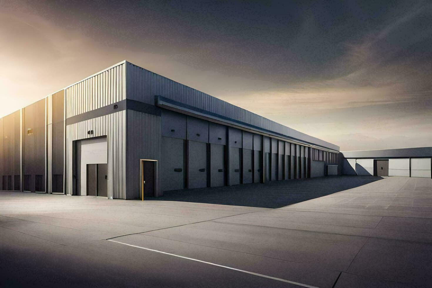 a large industrial building with a sun setting behind it. AI-Generated photo