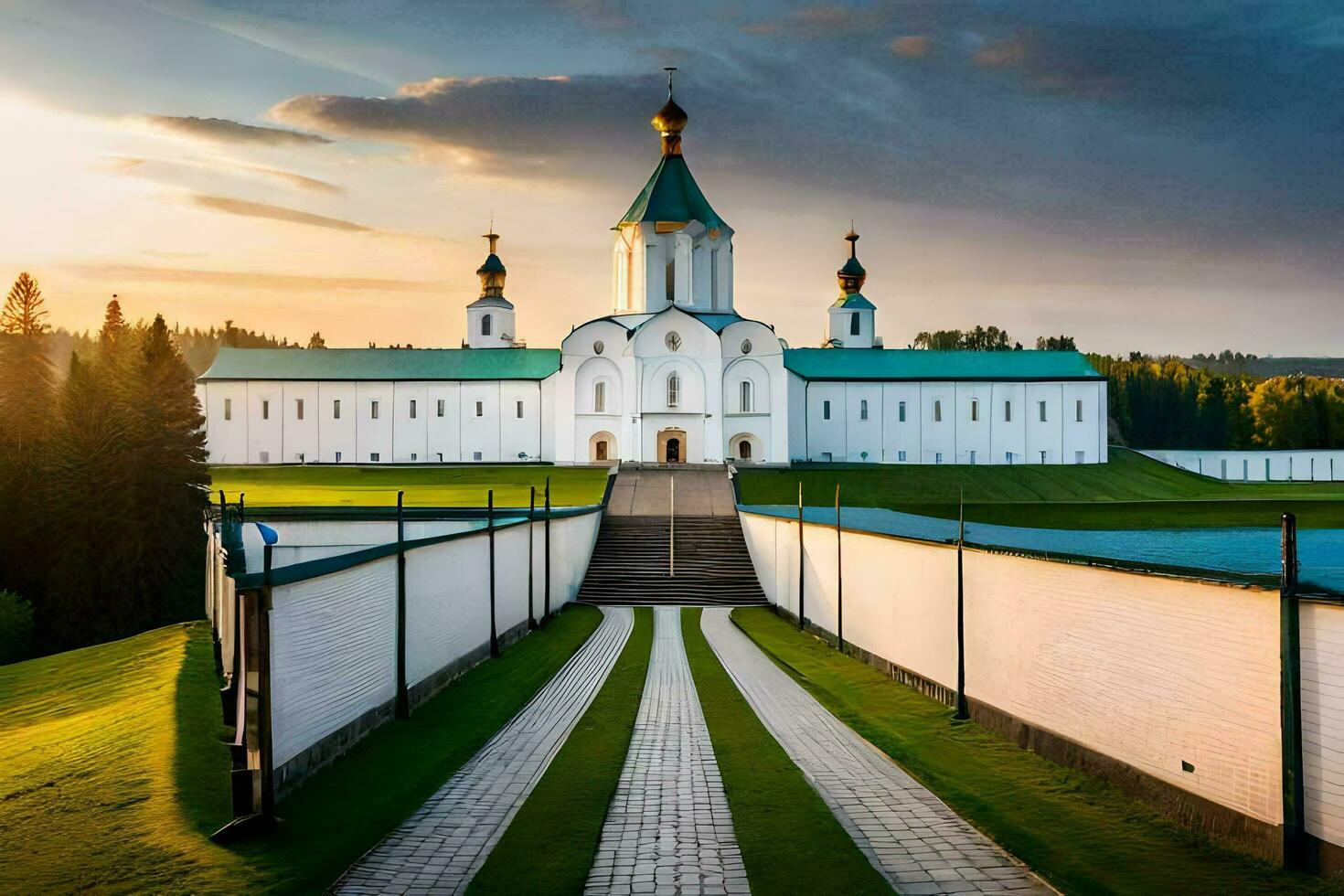the white church is surrounded by green grass. AI-Generated photo