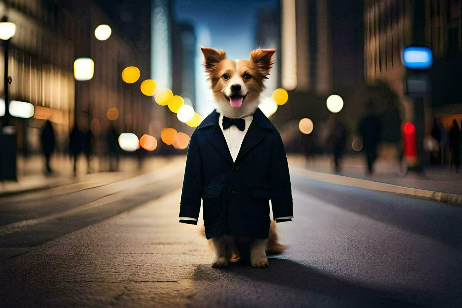 a dog dressed in a tuxedo standing on a city street. AI-Generated photo