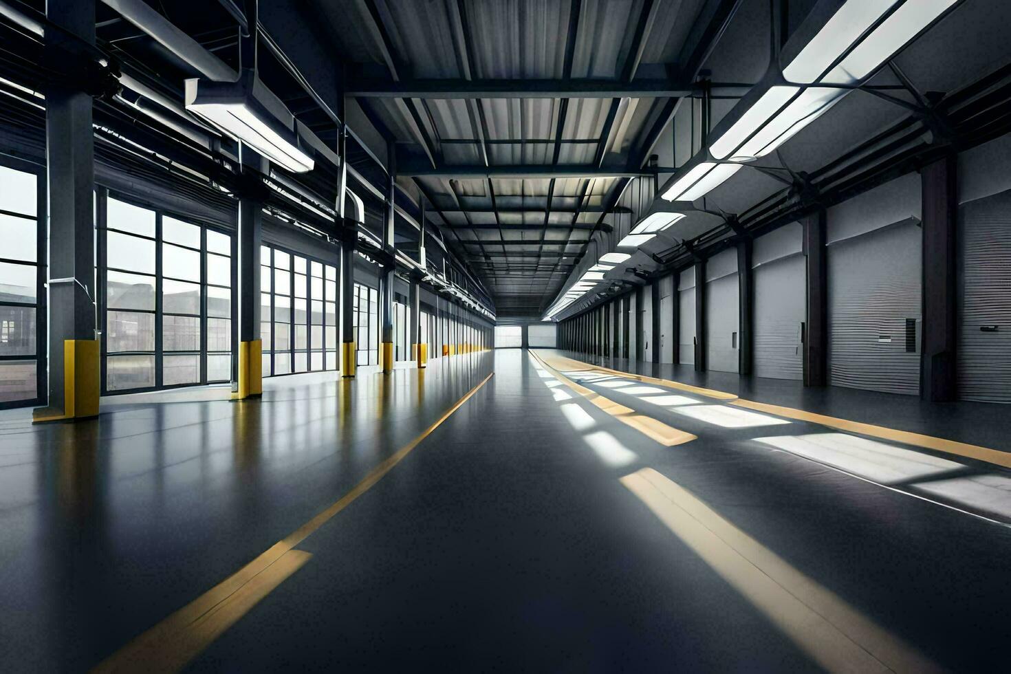 an empty warehouse with a long hallway. AI-Generated photo