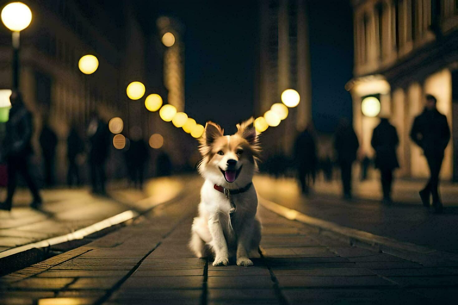 a dog sitting on the street at night. AI-Generated photo