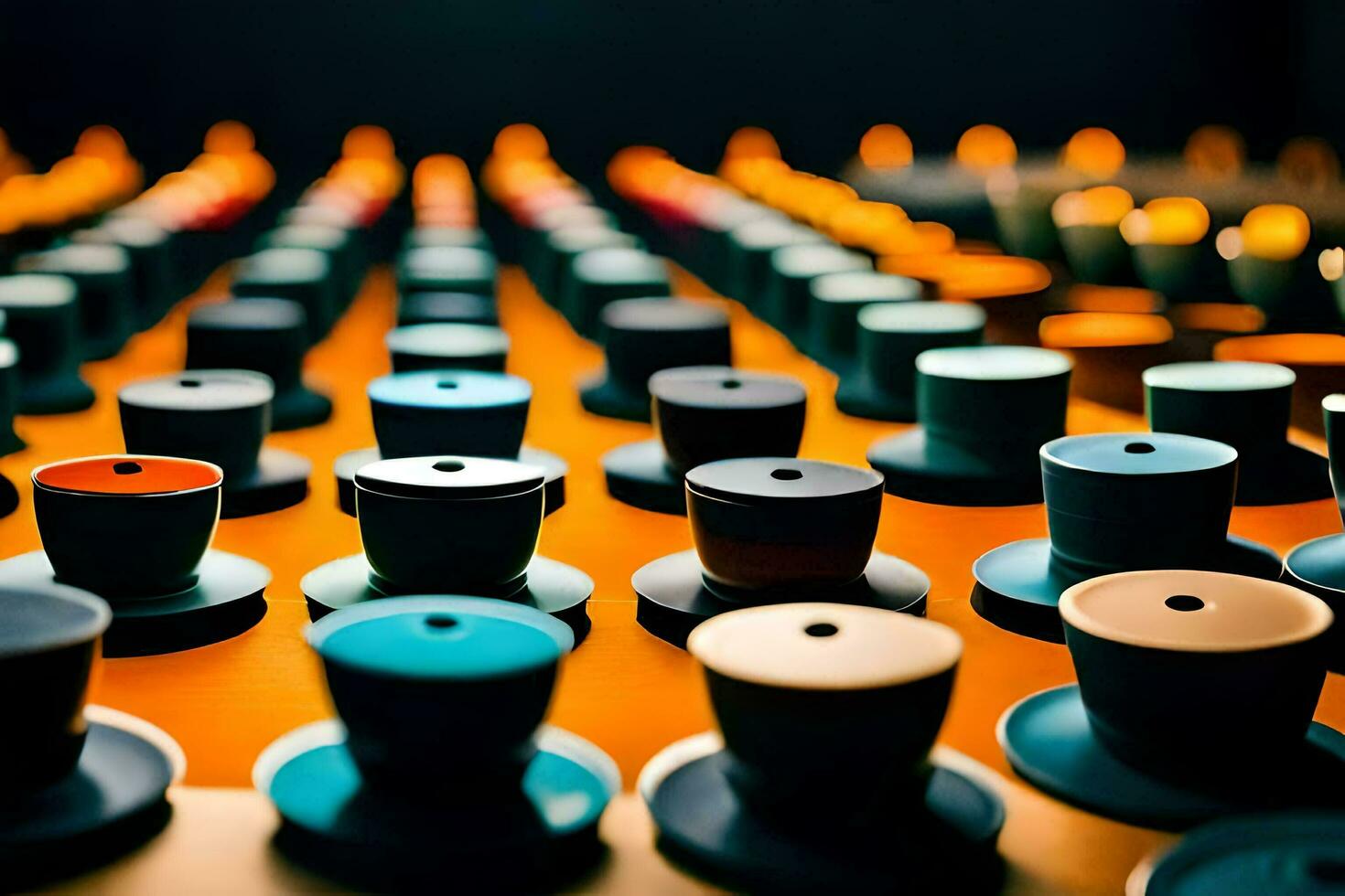 many colorful coffee cups are arranged on a table. AI-Generated photo