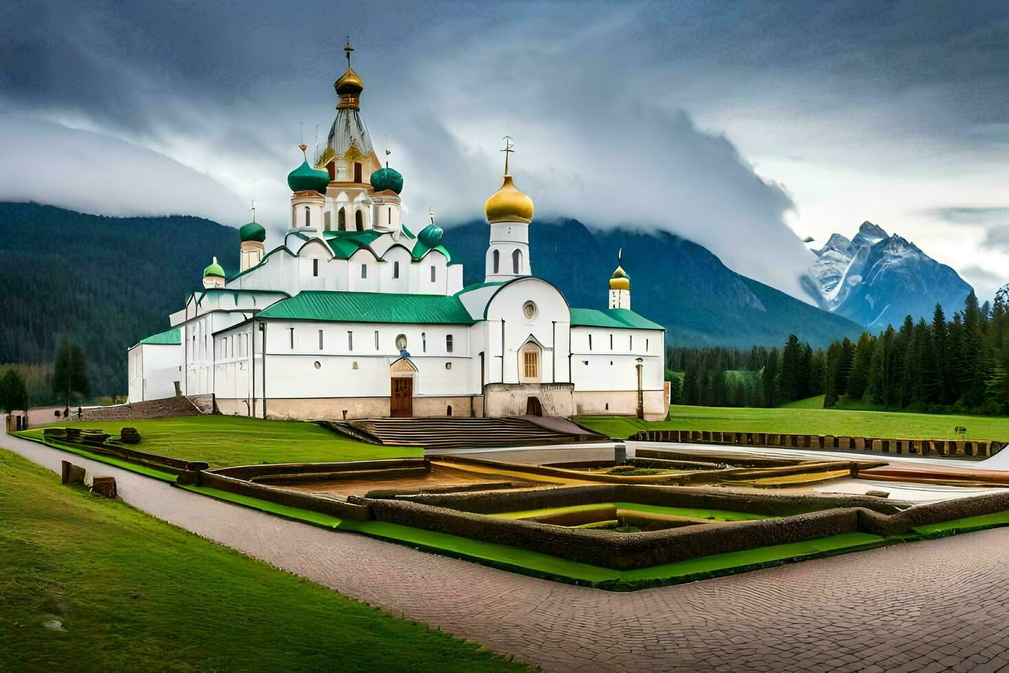the russian orthodox cathedral in the mountains. AI-Generated photo