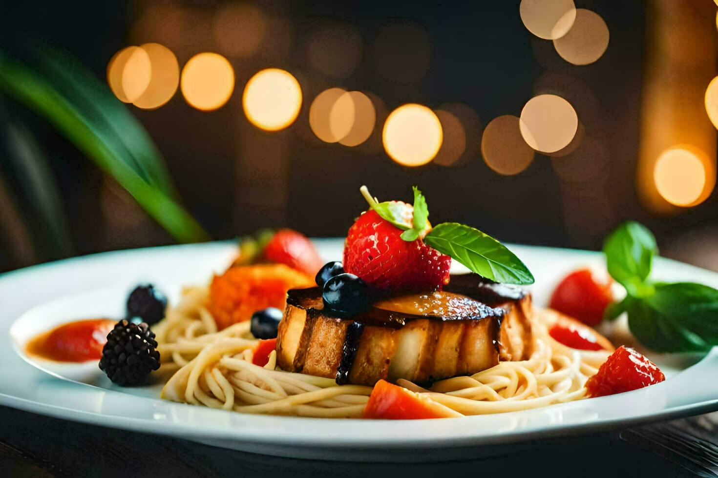 a plate of food with pasta, strawberries and berries. AI-Generated photo