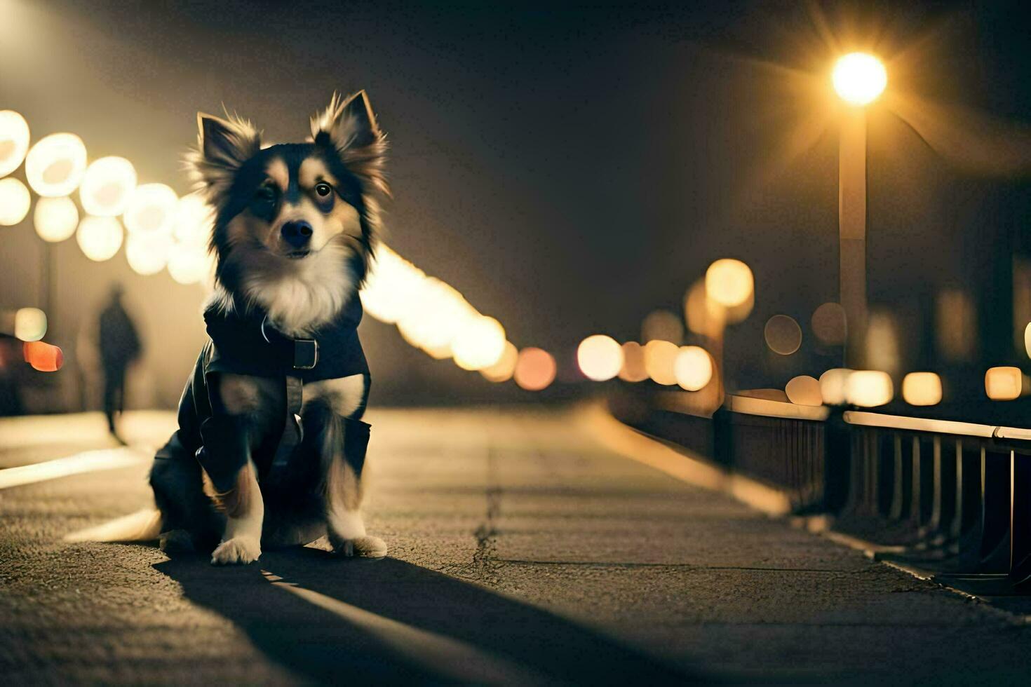 a dog sitting on the sidewalk at night. AI-Generated photo