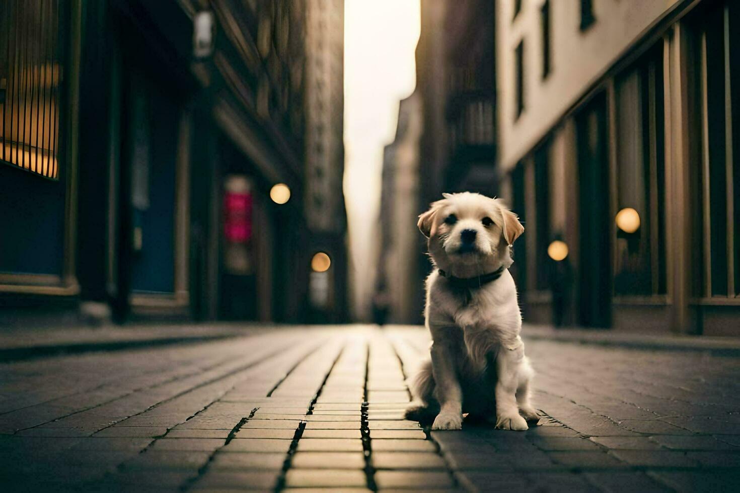 a dog sitting on the street in an alley. AI-Generated photo