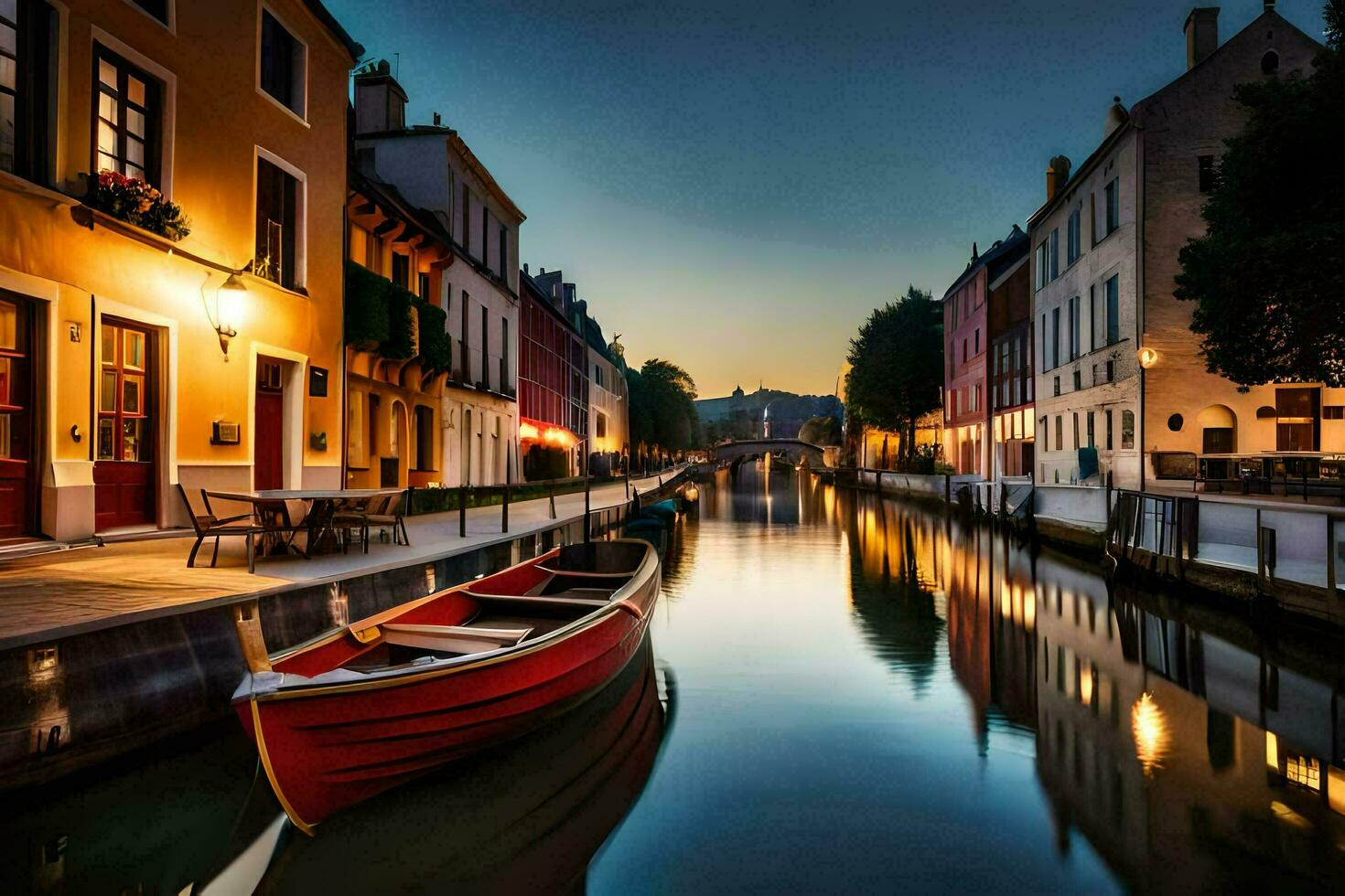 a boat is docked on a canal at dusk. AI-Generated photo