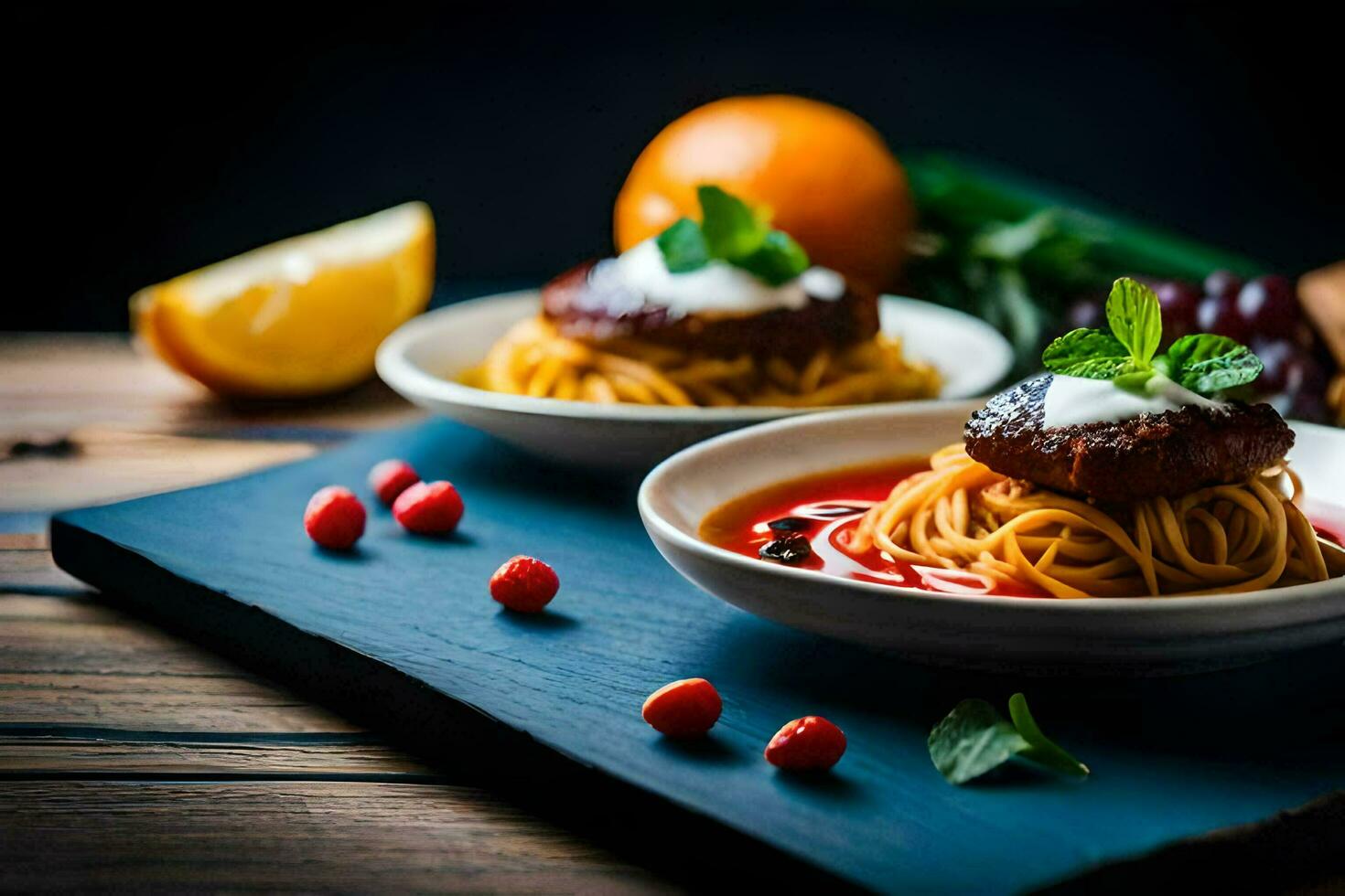 spaghetti with meatballs and tomato sauce on a wooden table. AI-Generated photo
